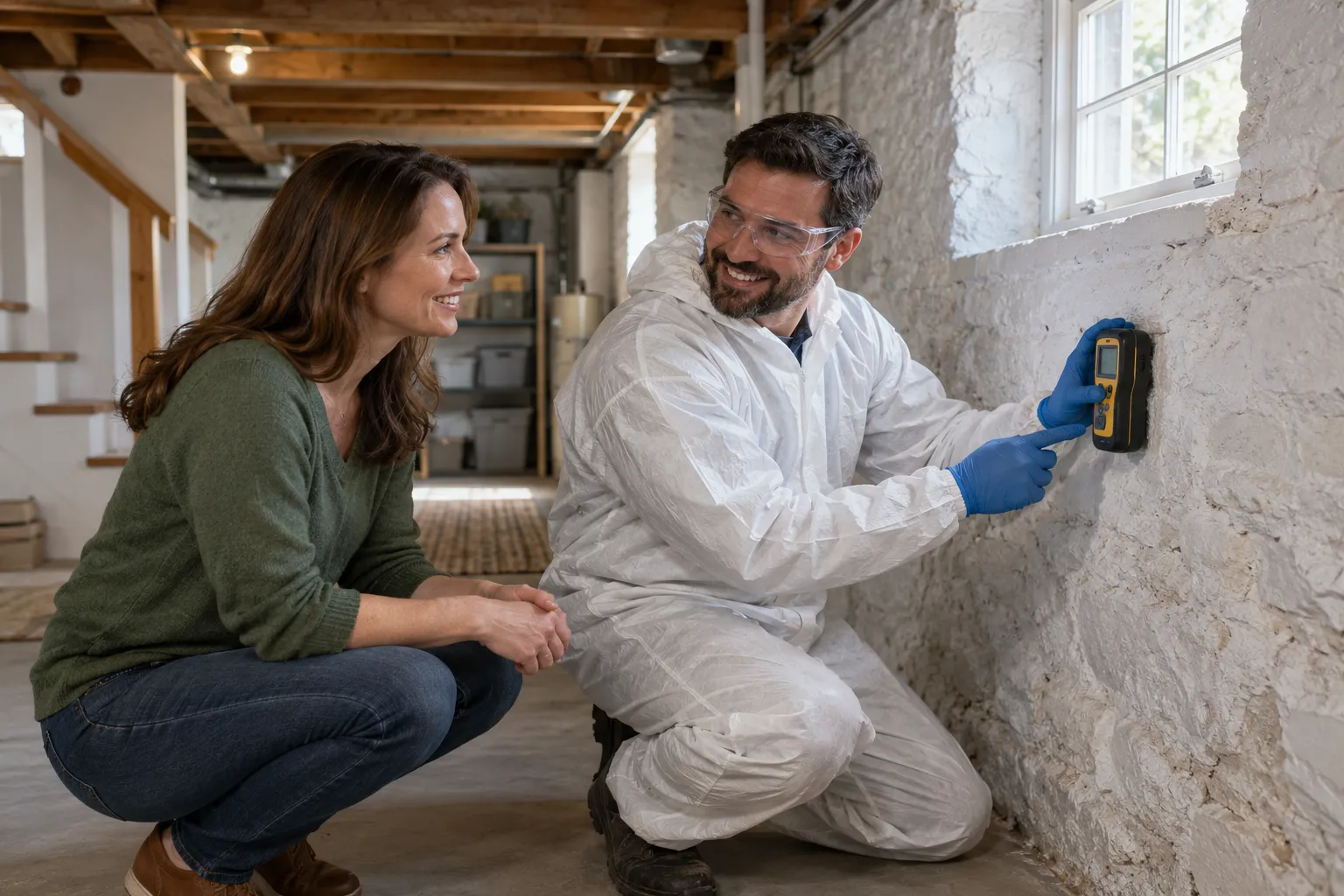 Homeowner and a mold provider checking a basement wall in Mount Airy